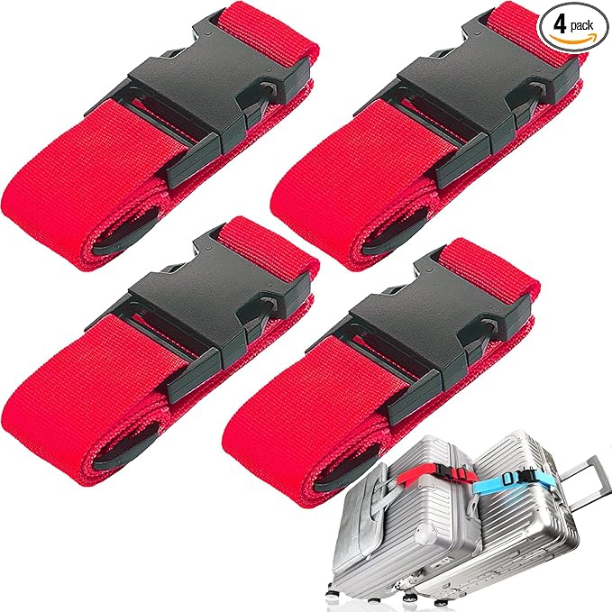4Pack Luggage Straps for Suitcases, Travel Connector for Carry On Bag, Add Bag to Connect Two Suitcases, Adjustable Belt Attachment Accessories for Connect Your 3 Luggages, Red
