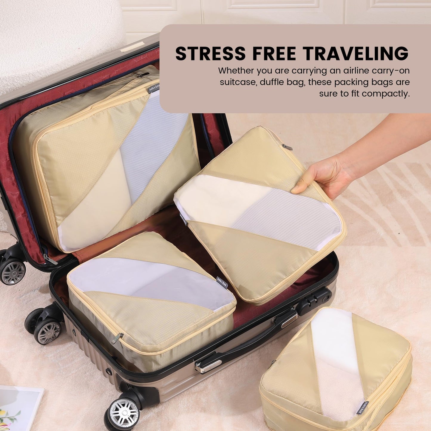 PFEYRPK Travel Packing Cubes, Compression Organizer Set of 4, Lightweight Storage for Suitcase, Vacation, Business Trips (Khaki)