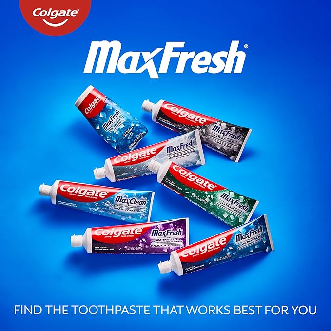 Colgate MaxFresh Clean Mint Toothpaste Pack, Fresh Breath Toothpaste with Fluoride and Hundreds of Mini Breath Strips, Leaves Mouth Feeling Refreshed for Hours, 4 Pack, 6.3 oz