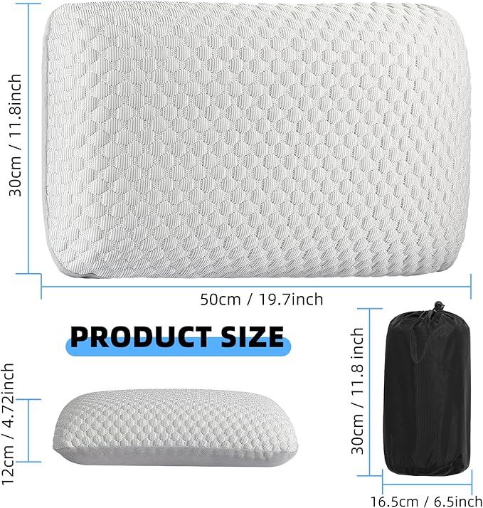 Travel and Camping Pillow- Compressible Medium Firm Memory Foam Pillow with Carry Bag for Backpacking & Airplane, Lumbar Support. Breathable Cooling Fabric, Washable Pillowcase (Royal Silver)