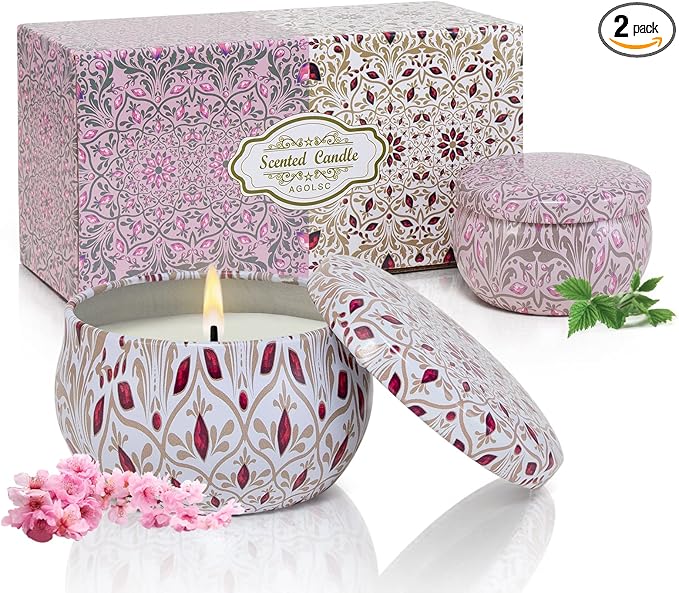 Aromatherapy Candles for Home Scented 2 Pack 2.5 oz Natural Floral Cherry and Vanilla Candles Set, Stress Relief Candles Gifts for Women, Portable Mini Candles Gift for Christmas, Birthday