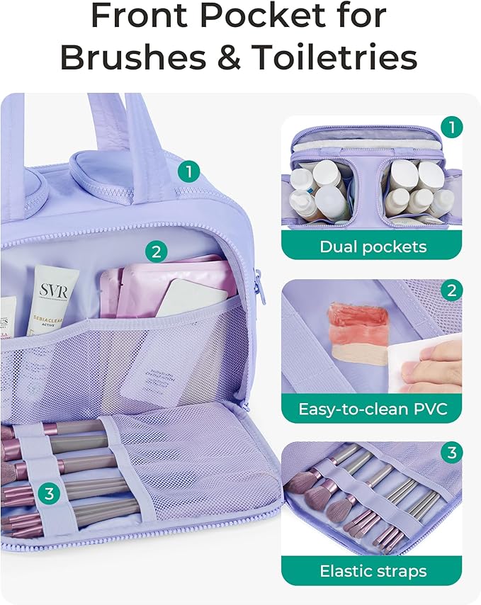 BAGSMART Travel Toiletry Bag, Lightweight Large Wide-open Travel Bag for Women, Puffy Cosmetic Makeup Bag Organizer with Handle for Accessories,Essentials, Toiletries, Purple