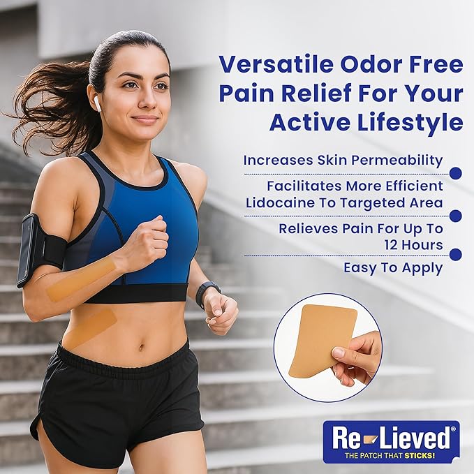 4% Lidocaine Maximum Strength Pain Relief Kinesiology Tape - Relieves Back, Joints and Muscle Pains - Superior Sticking, Aluminum-Free Water Resistant, and USA Made - 2" x 10" Strips