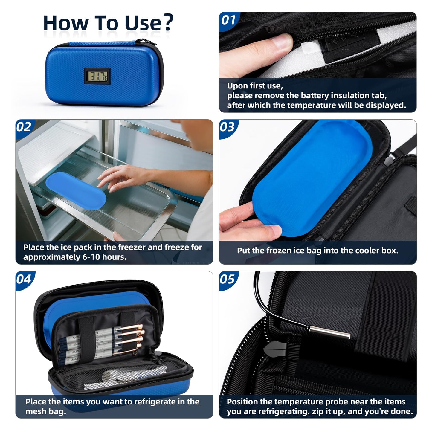 MOSKESON Insulin Cooler Travel Case - TSA Approved Medication Diabetic Cooler for Travel with Thermometer Temperature Display Refrigerated Medicine Organizer Bag with 2 Ice Pack Blue