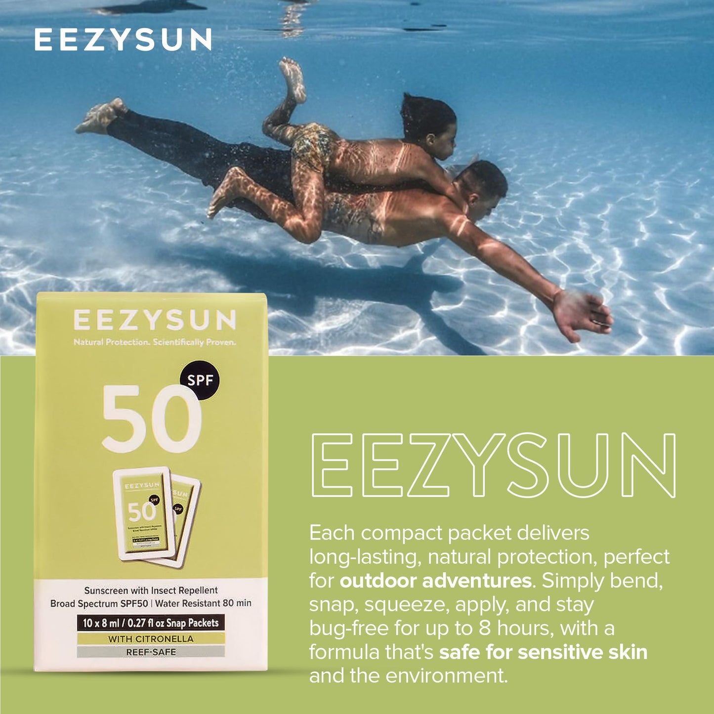 EEZYSUN SPF 50 Sunscreen and Insect Repellent Snap Packets - Sunscreen Travel Size Bug Repellent with Citronella Oil, Lemongrass, and Neem Oil - Reef-Safe Repellent - 10 Snap Packets (0.27 fl oz each)