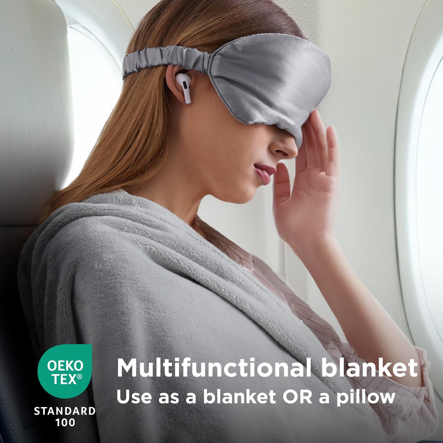 Bedsure Travel Blanket Airplane Compact with Storage Bag, Packable Blanket with Eye Mask, Lightweight 2-in-1 Travel Essentials, Functioned as Pillow for Airplane Comfort and Warmth, Grey
