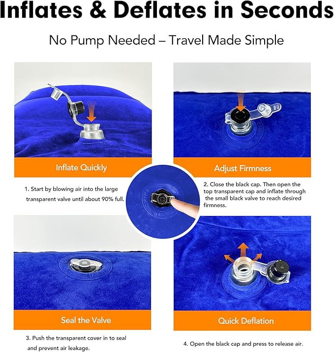 Inflatable Foot Rest Pillow for Travel, Adjustable 3 Layers Height Cushion Kids/Adults Airplane Travel Pillow, Suitable for Office, Home, Trains, Cars - Blue