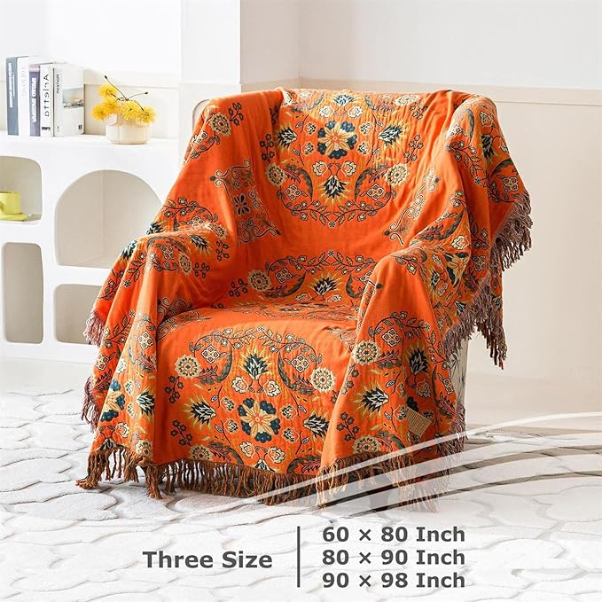 Boho Throw Blanket for Bed 100% Cotton Ultra Soft Rustic Quilt Fall Blanket Floral Printed Farmhouse Decor Bed Blankets,80"×90" All Season Rustic Throw for Sofa Couch Chair