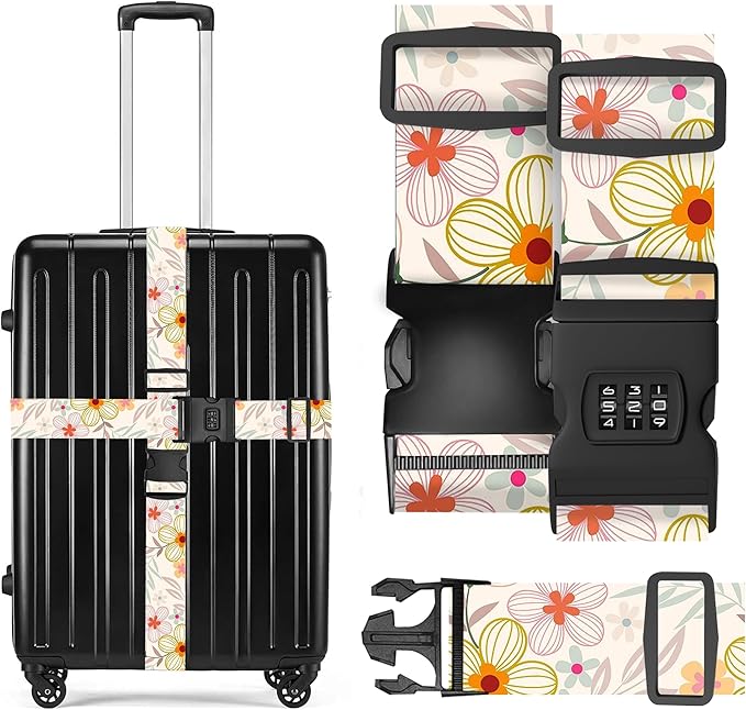 2 Pack Luggage Straps, Adjustable Cute Printing with Combination Lock Luggage Straps for Women Men Travel School Business Trips-Flowers