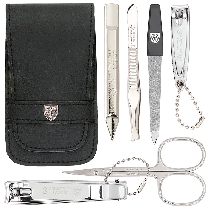 3 Swords Germany - brand quality 6 piece manicure pedicure grooming kit set for professional nail care with genuine leather case - Made in Germany