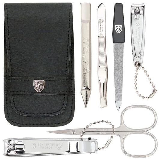 3 Swords Germany - brand quality 6 piece manicure pedicure grooming kit set for professional nail care with genuine leather case - Made in Germany