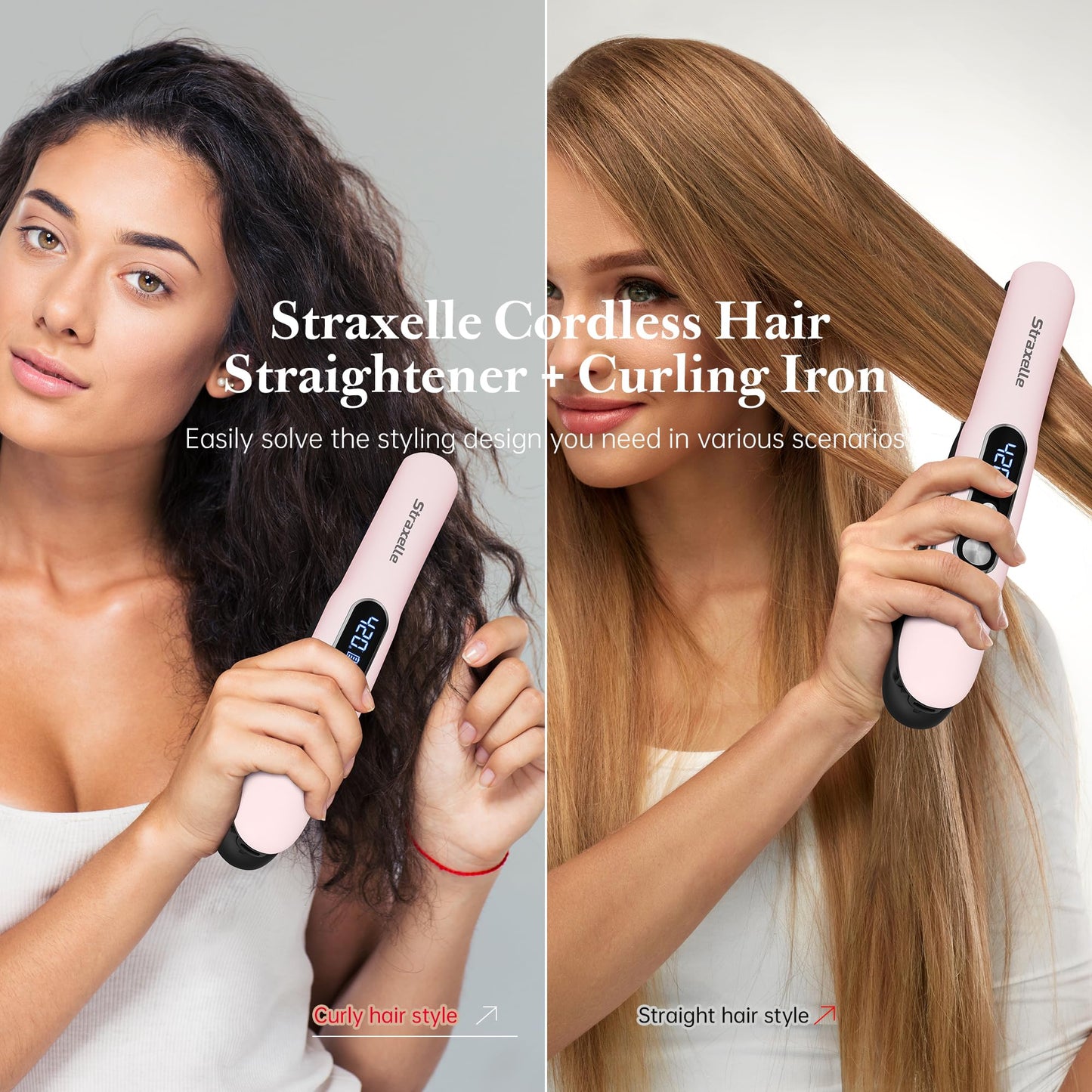 Mini Cordless Hair Straightener and Curler 2 in 1, Mini Portable Flat Iron Adjustable 350°F-420°F Travel Hair Straighteners LED Display/5000mAh Ceramic Flat Iron Hair Straightener for Women Men(Pink)