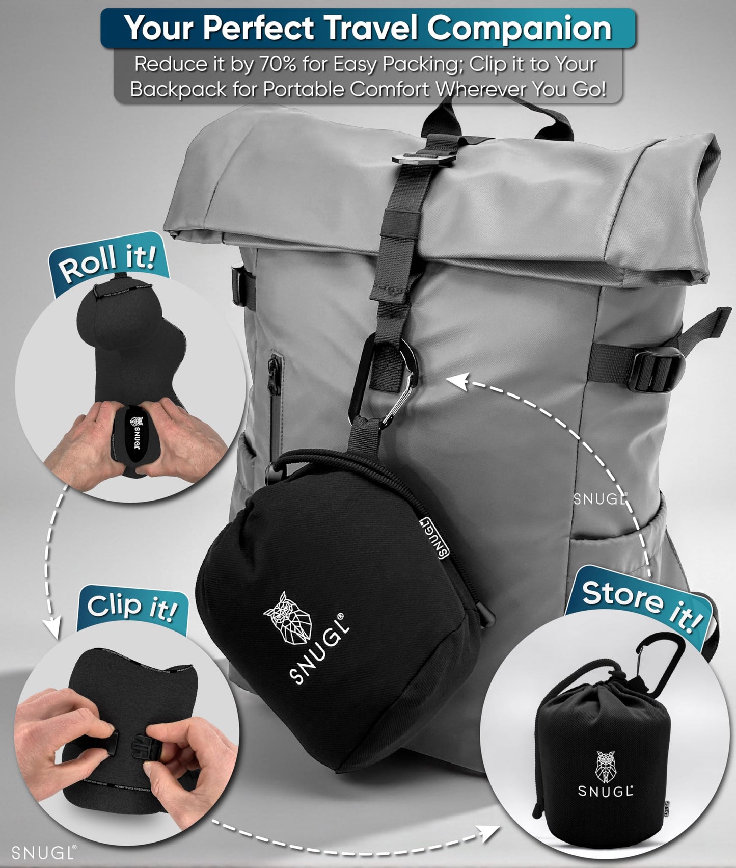 SNUGL Travel Pillow – Memory Foam Pillows - Airplane Neck Pillow with Carry Bag & Clip – Neck Support Travel Pillows - Airplane Essentials (Adult Regular - Black)