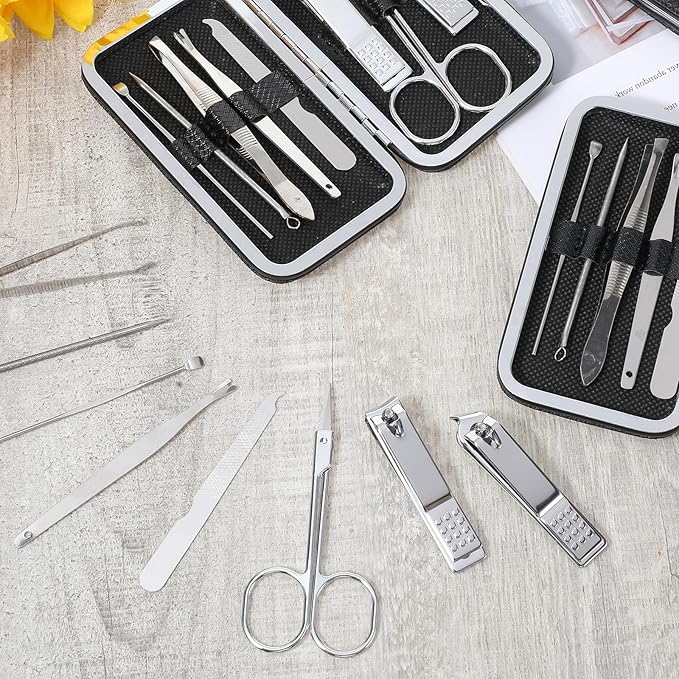 12 Sets Manicure Set 8 in 1 Stainless Steel Nail Grooming Set Professional Manicure and Pedicure Kit Bulk Cuticle Nail Care Foot Pedicure Tools with Portable Travel Case for Men Women