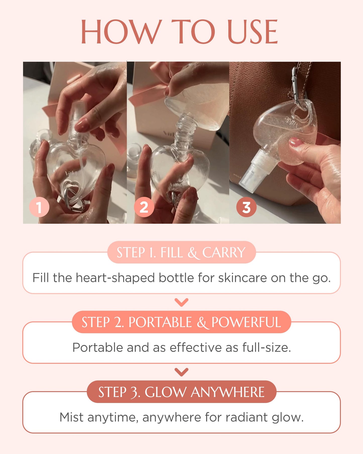 Vitkle Heart Shape Clear Keychain Refillable Bottle - Korean Travel Portable Mini Spray Container for Face Mist Serum Toner Skincare Products, 1.69 fl.oz.