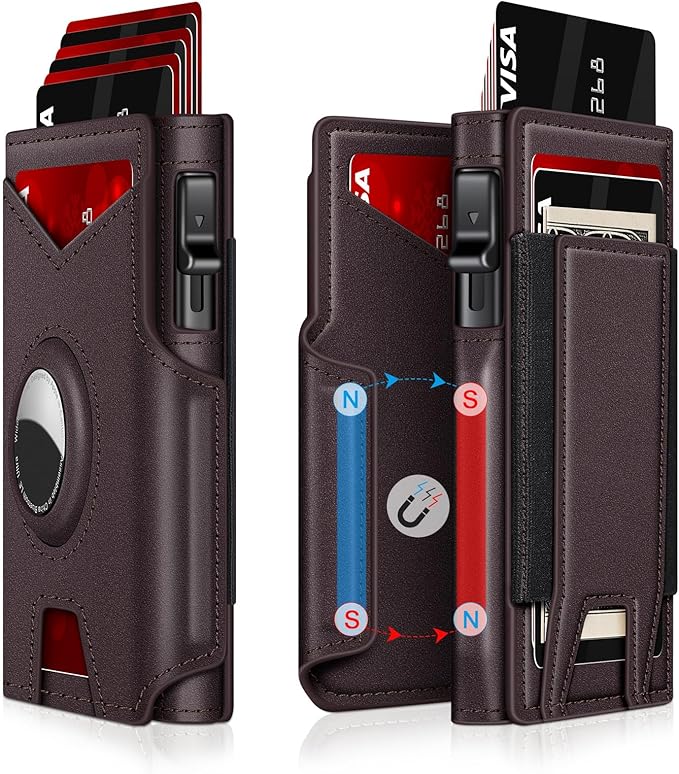 Airtag Wallet for Men, Minimalist Slim Mens Wallet Smart Pop Up Credit Card Holder for 9-13 Cards, RFID Blocking Wallet with ID Window & Cash Slot, Compact Bifold Metal Aluminum Card Case
