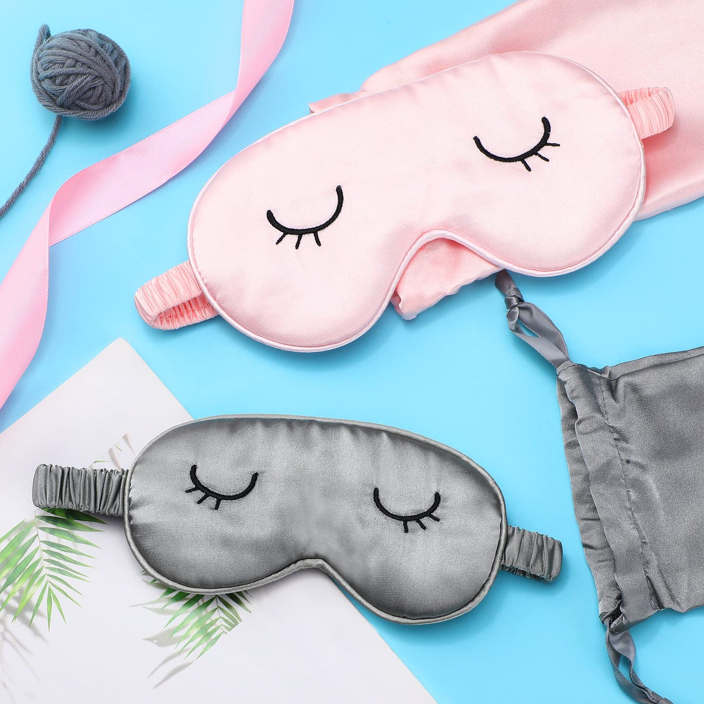 2 Pieces Cute Sleep Eye Masks for Kids Silk Sleep Eye Cover Cute Lightweight Adjustable Eyeshade Mask Satin Night Eyeshade Covers with 2 Pieces Storage Bag(3-12 Years,Gray, Pink)