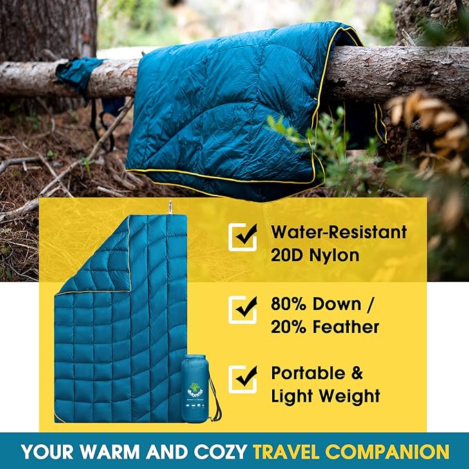 4Monster Down Camping Blanket - Outdoor Travel Quilt Puffy 650 Fill, Packable, Lightweight,Wind & Waterproof | Ideal for Stadium, Backpacking,Picnics, Beach and Hiking