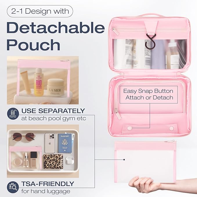 KAZAY Hanging Toiletry Bag with TSA Approved Detachable Pouch, Travel Toiletry Bag, Water Resistant, Premium Nylon, Travel Size Toiletries, Cosmetic Bag, Makeup Bag (Pink)