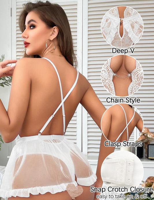 Mixxmix Sexy Lingerie One Piece Teddy Bodysuit Wedding Night Lingerie for Bride Sets White L