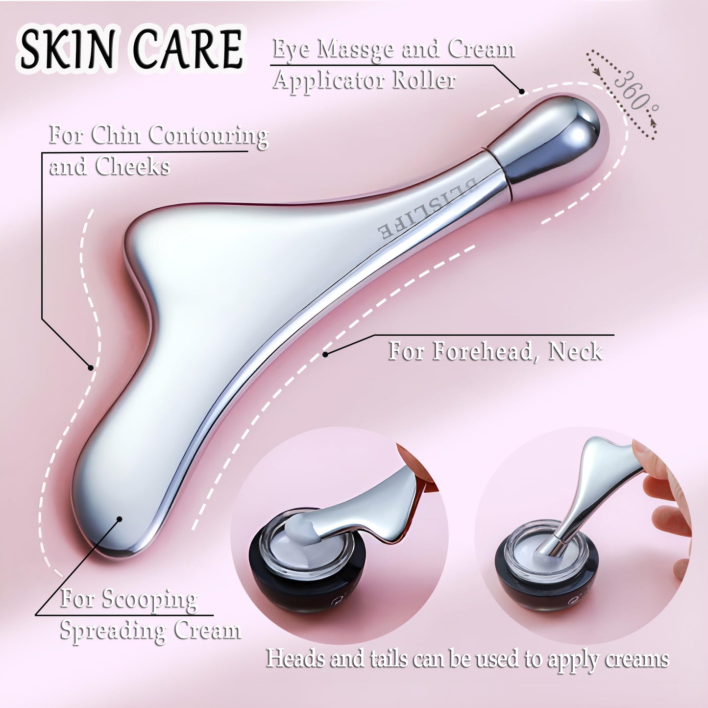 BLISLIFE Eye Roller Massage & Gua Sha Tool,Fade Puffiness and Dark Circles,Reduces Fine Lines and Wrinkles,Facial Skin Care, Metal Roller Eye Cream Massager