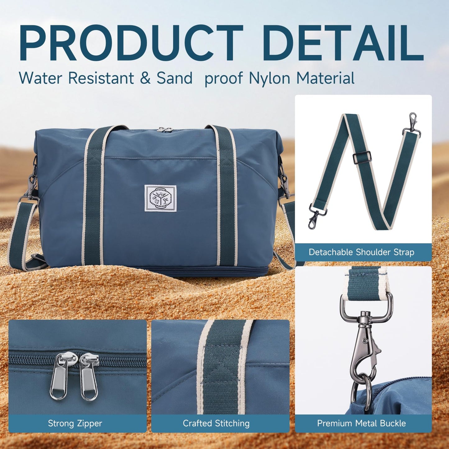 WALNEW Travel Duffel Bag, Weekender Overnight Carry On Bag for Women Men, Foldable Waterproof Gym Luggage with Metal Buckle Detachable Shoulder Strap and Wet Compartment (Peacock Blue)