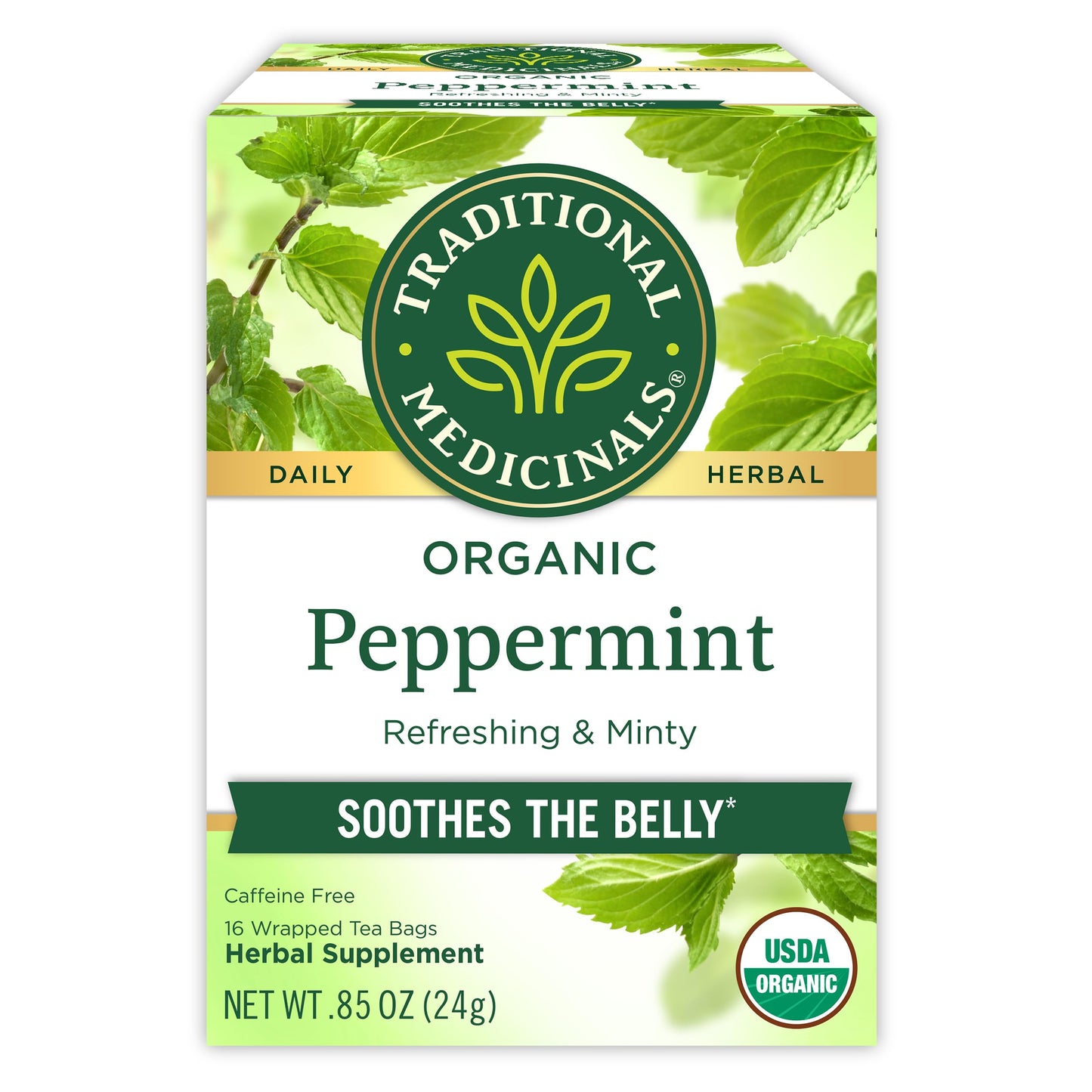 Traditional Medicinals Organic, Peppermint Tea - Helps Soothe Belly from Occasional Gas and Bloating - Kosher, Non-GMO, Caffeine-Free, Compostable - 16 Tea Bags
