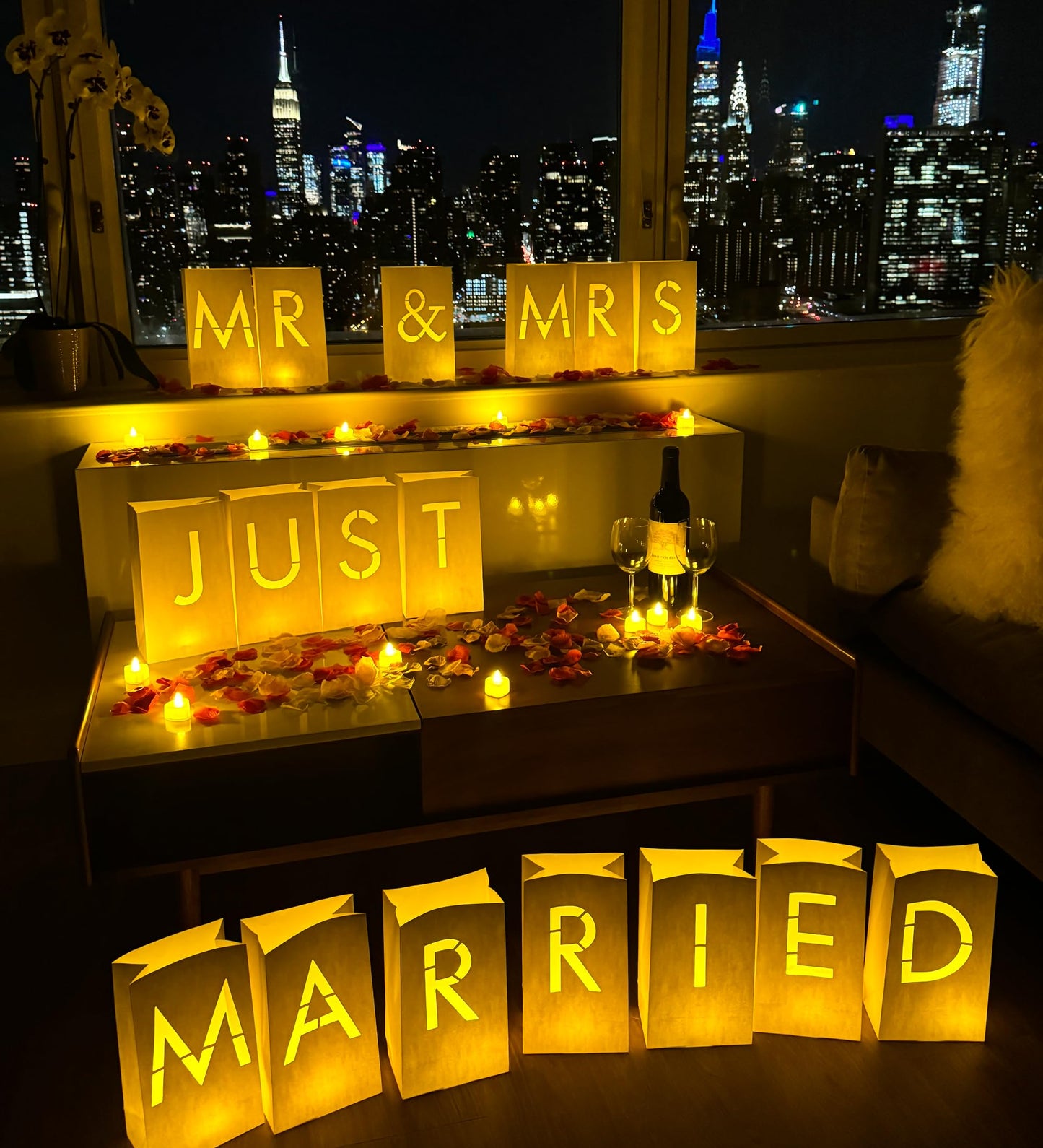 WYMM “MR & MRS” light up letters with Tealight Candles and Rose petals included. Luminary Paper Bags to be used as Wedding Decorations for Reception or as Newlywed Gift for the Honeymoon Suite