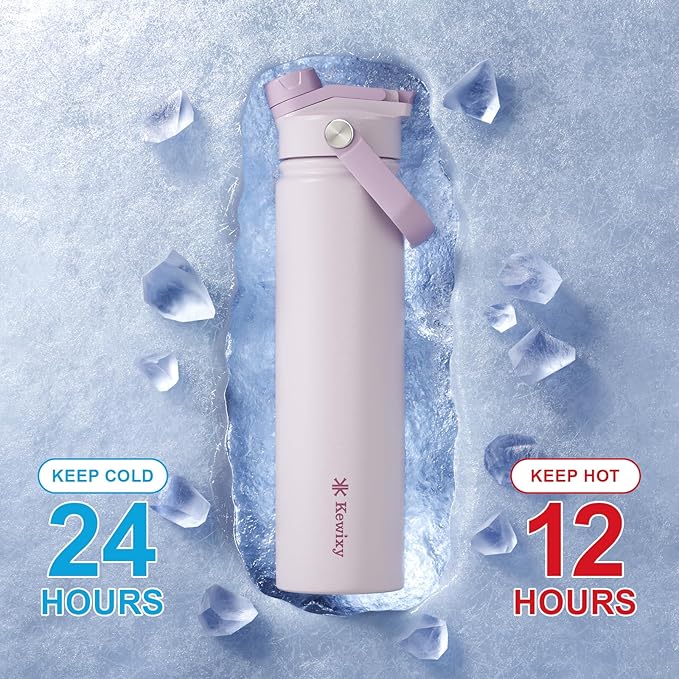 24 oz Insulated Water Bottle, 2-in-1 Lid, Straw & Spout with Protected, Leak Proof, Keep Cold, Stainless Steel, Metal, Reusable, Handle, for Travel, Gym and School, 2 Lids, Pale Mauve