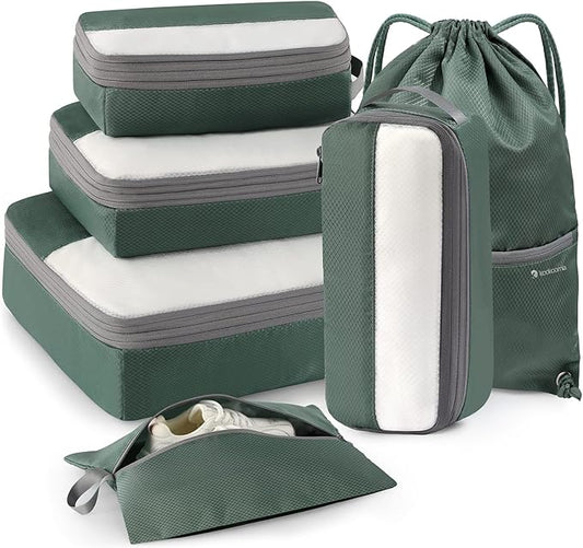 6 Set Compression Packing Cubes for Travel, Bonus Versatile Drawstring Backpack, Lightweight Luggage Organizer Bags, Sturdy Travel Accessories for Suitcase, Dark Green