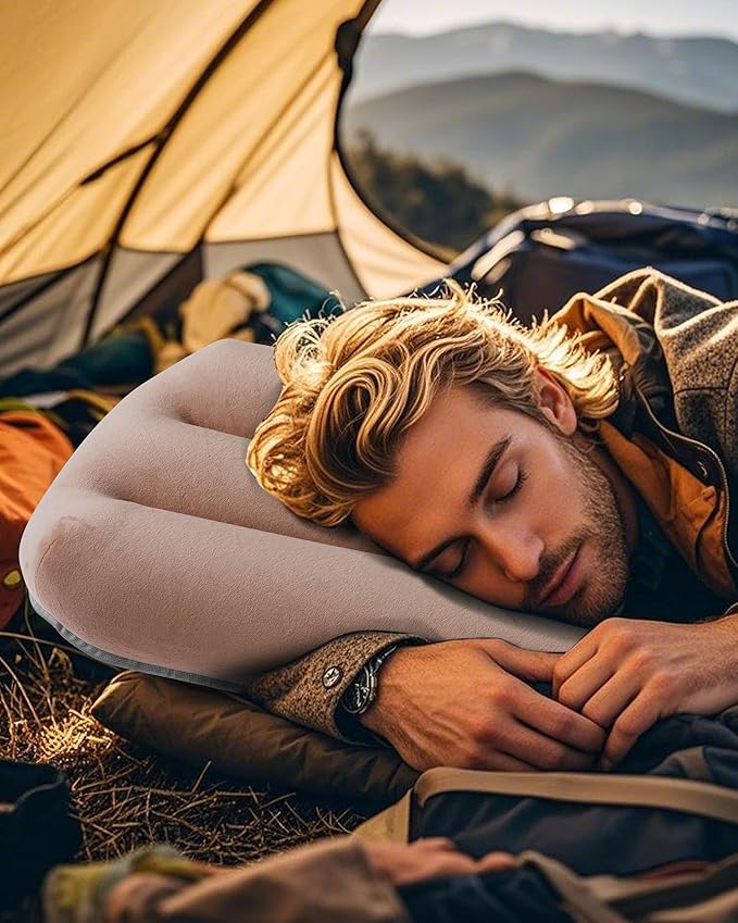 Ultralight Inflatable Camping Pillow for Sleeping – Soft Velvet Cover, Compact & Portable, Ergonomic Neck Support, Machine Washable Air Pillow, Perfect for Travel, Hiking, Backpacking – Brown