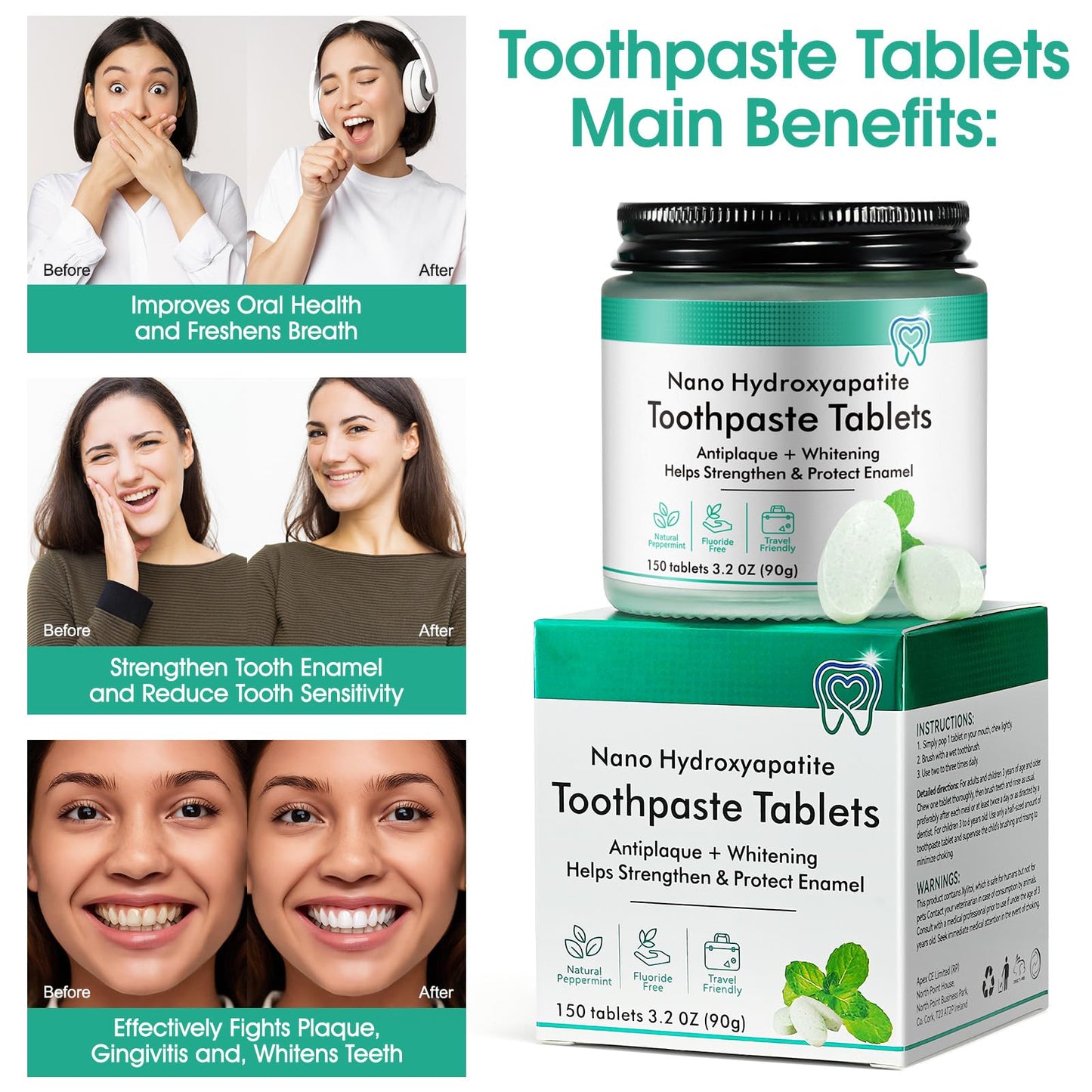 Toothpaste Tablets 150pcs Chewable Whitening - for Sensitive Teeth & Antiplaque - Nano Hydroxyapatite, Natural Peppermint, Fluoride Free - Strengthen & Protect Enamel - Fresh Breath, Glass Jar