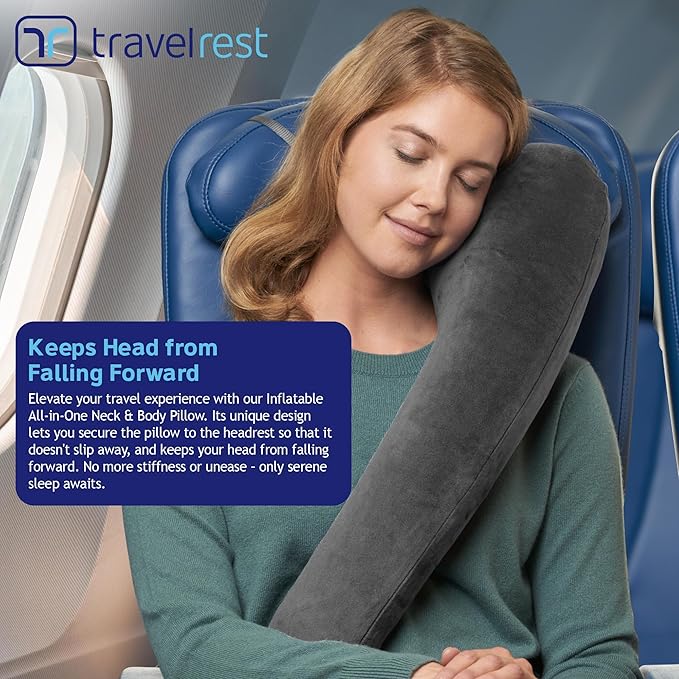 TRAVELREST All-in-One Neck & Body Pillow - Advanced Support and Comfort Design, Travel Essentials, Memory Foam, Inflatable, Airplane & Car Seat, Sleeping on Long Flight & Trips, Travel Pillow - Grey