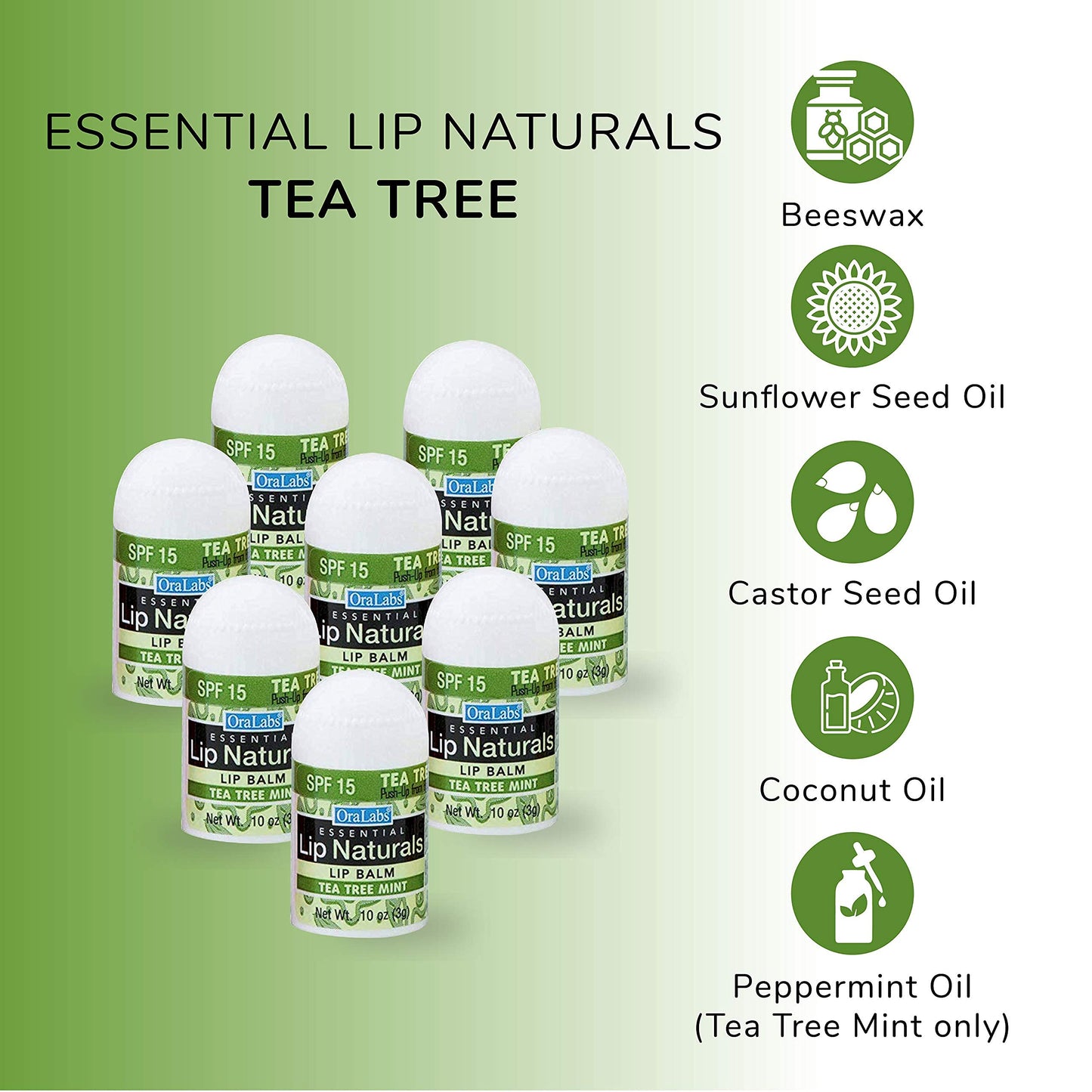 Lip Naturals® | Mini Tea Tree Balm with Sunscreen (SPF-15) | Made in USA with Coconut Oil, Tea Tree Oil, and Peppermint Oil | 12-Count Mini Lip Balm Pack with Tea Tree Mint Flavor (0.10oz/3g Each)