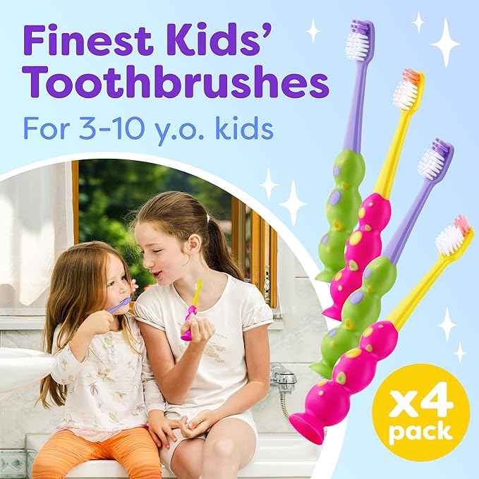 Kids Toothbrush 4 Pack - Soft Contoured Bristles - Child Sized Brush Heads (3-10 Year Old) - Suction Cup for Fun & Easy Storage - Girl & Boy Set (Green & Pink)