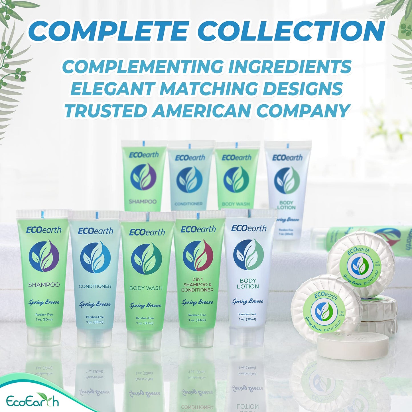 EcoEarth Hotel Toiletries Bundle (Spring Breeze, 1 oz Each, 125 Pieces) 5-Piece Set: 25 Each Round Bar Soap, Shampoo, Conditioner, Body Lotion & Body Wash - Bulk Mini Guest Amenities