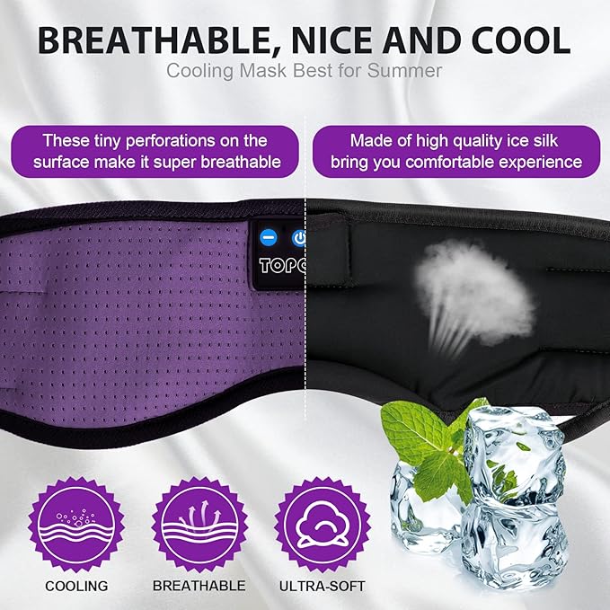 TOPOINT Sleep Mask with Bluetooth Headphones, Breathable Silk Eye Mask for Sleeping Men Women, Bluetooth Sleep Mask Blackout with Speakers, Microphone Handsfree, USB C for Travel Meditation Gifts