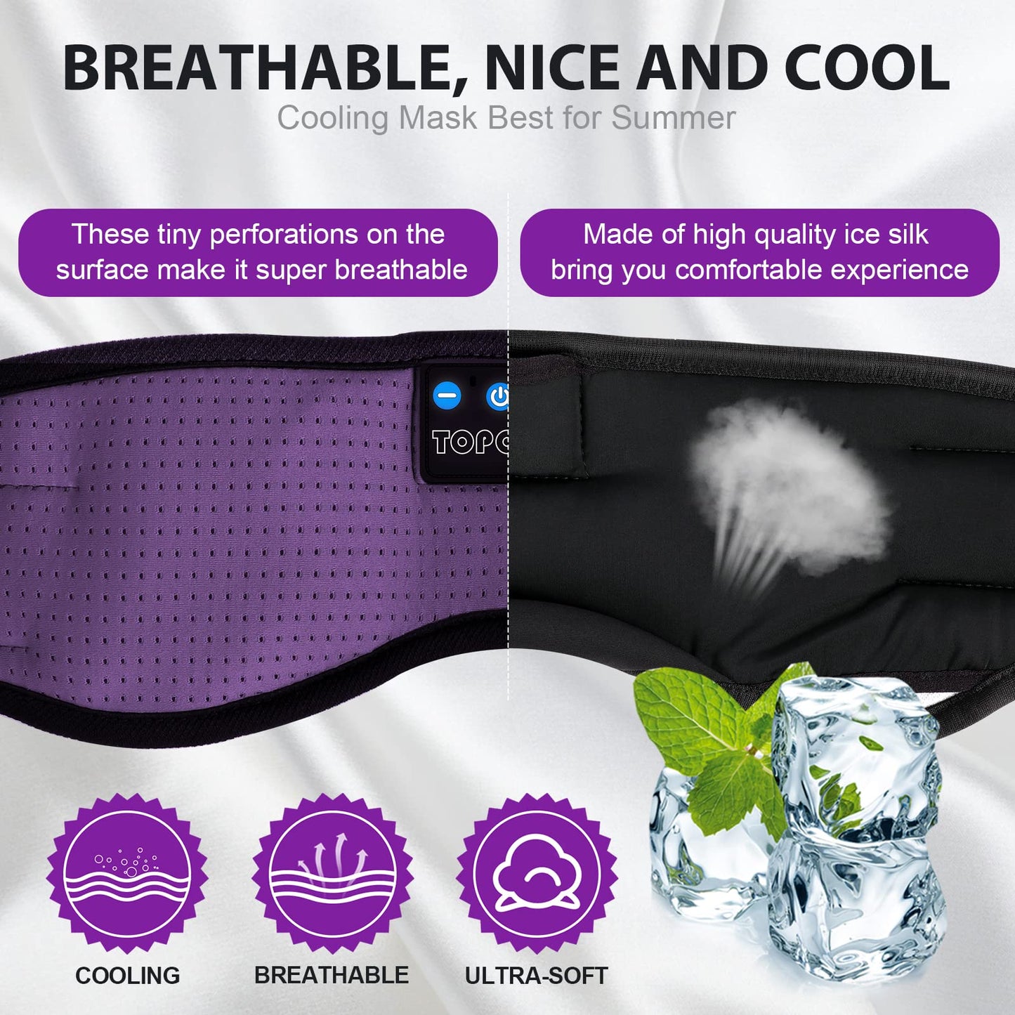 TOPOINT Sleep Mask with Bluetooth Headphones, Breathable Silk Eye Mask for Sleeping Men Women, Bluetooth Sleep Mask Blackout with Speakers, Microphone Handsfree, USB C for Travel Meditation Gifts