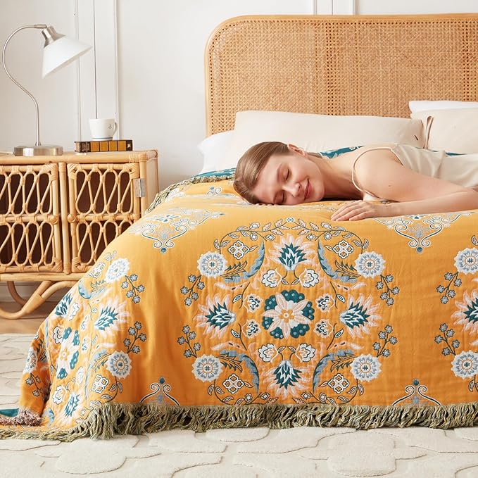 Boho Throw Blanket for Bed - 100% Cotton Ultra Soft Rustic Quilt Fall Blanket - Floral Printed Farmhouse Decor Bed Blankets,90"×98" All Season Rustic Throw for Sofa Couch Chair