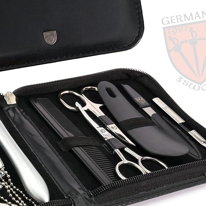 3 Swords Germany - brand quality 12 piece manicure pedicure grooming kit set for professional finger & toe nail care tweezers file clipper fashion leather case in gift box, Made by 3 Swords (33514)