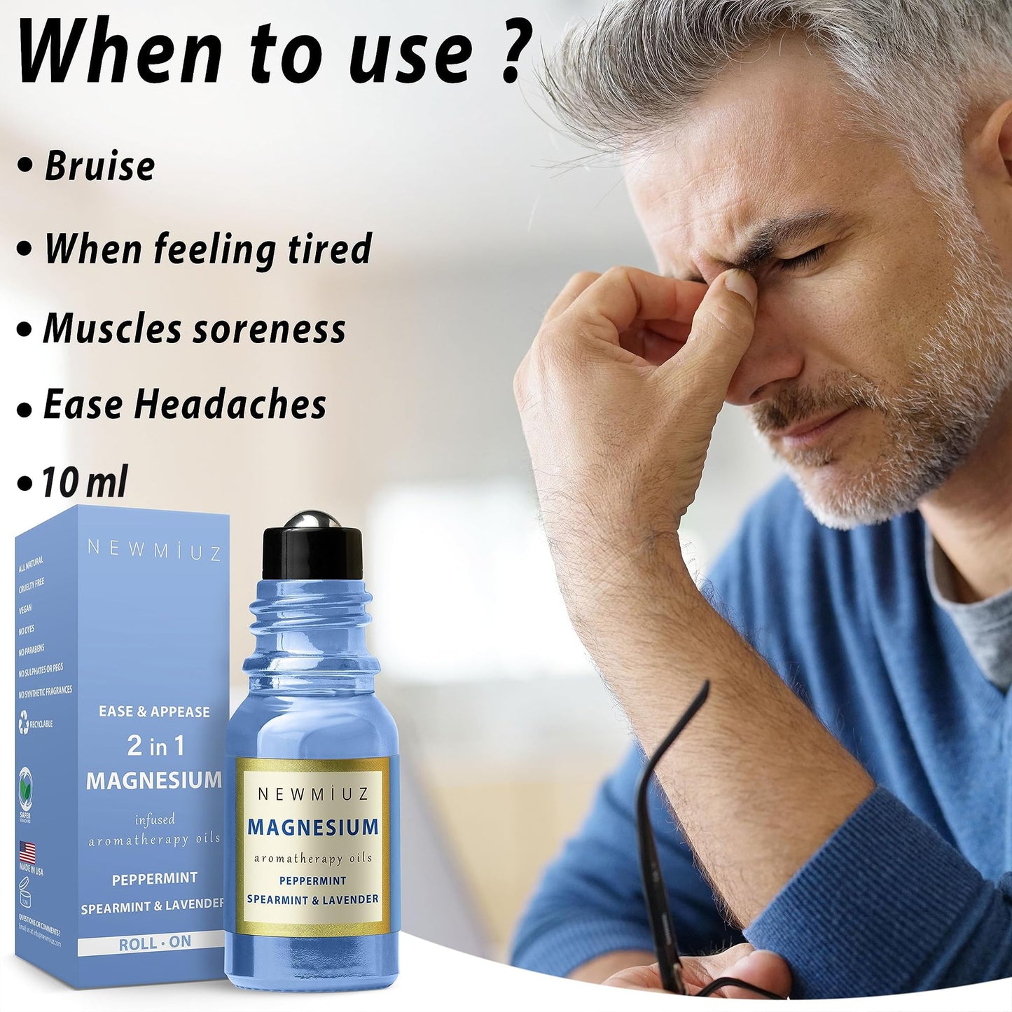 Migraine Roll on Stick Headache Magnesium Arnica Montana Oil Peppermint Eucalyptus Lavender Spearmint Essential Oil Stress Relief Gifts for Women