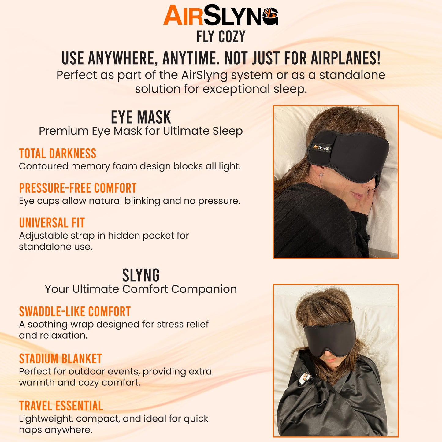 3-in-1 Airplane Sleep Support System - Integrated Plane Sleeping Accessories with Memory Foam Long Haul Flight Pillow, Adjustable Travel Eye Mask, and Blanket-Like Body Sling - Fits in Carry On