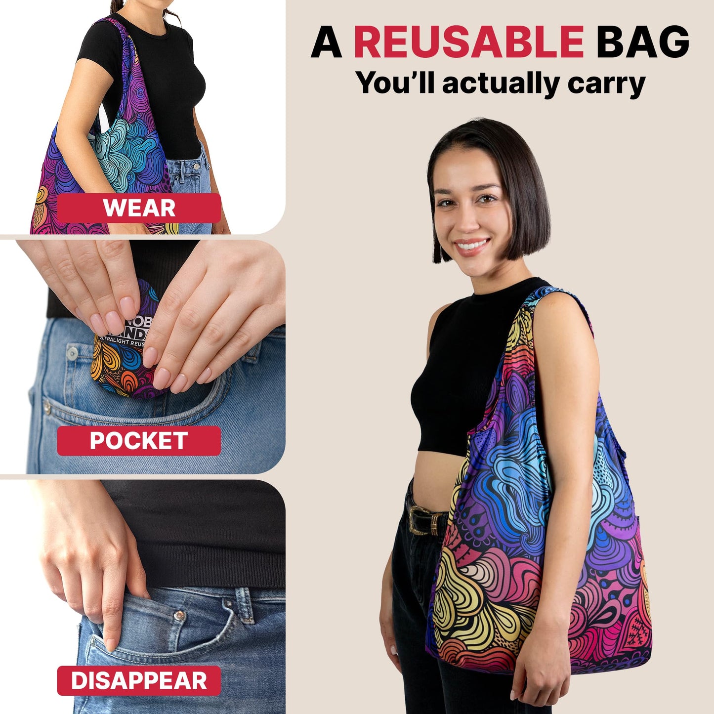 Nanobag Ultra-Lightweight Standard Size Tote Bag for Women & Men, Heavy Duty Reusable Grocery Bag, Foldable Travel Shopping Tote, Packable Cloth Bag with Handles, Washable Market Tote (Black)