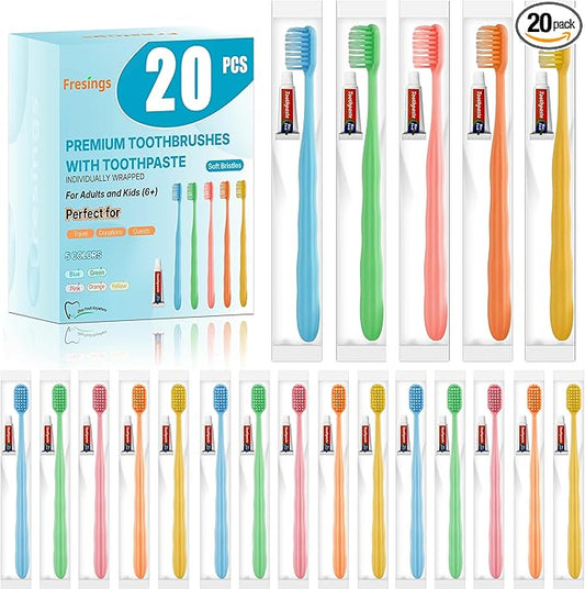 20 Pack Disposable Toothbrushes with Toothpaste, Individually Wrapped Soft Bristle Travel Toothbrush Bulk, Hotel Guest Amenities, Mint 3g Toothpaste Set for Camping, Donation & Oral Care Kit