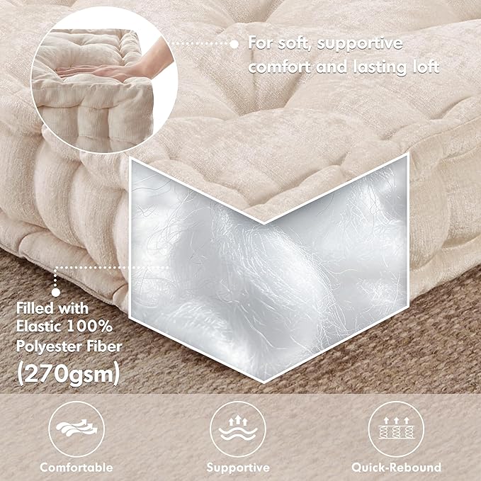 Intelligent Design Azza Floor Pillow, Large Cushions Sitting for Adults, Floor Pillow for Meditation or Yoga, Lustrous Chenille Tufted with Scalloped Edges for Bench/Chair Cushion, 20"x20"x5" Ivory