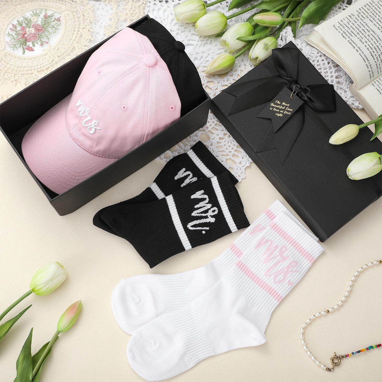 Eurzom 5 Pcs Mr and Mrs Gifts Embroidered Baseball Caps Mr and Mrs Crew Socks Bride and Broom Gift Box Set for Couples Newlywed Honeymoon Bridal Shower Engagement Wedding Favors