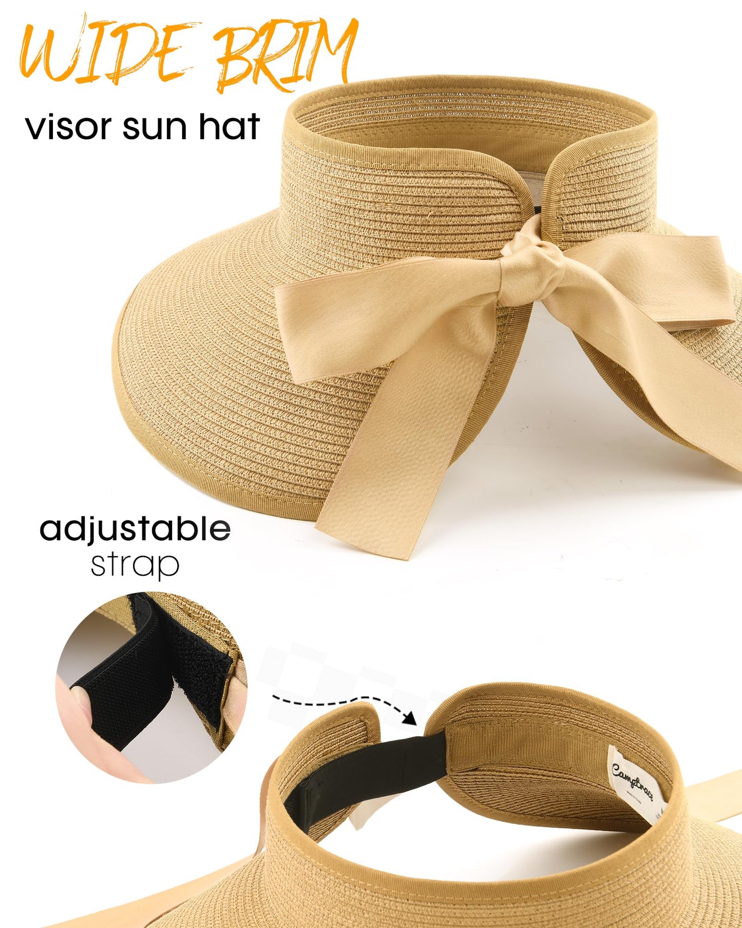Camptrace Sun Visors for Women Wide Brim Beach Hat Foldable Straw Visor Hat Ponytail Summer Packable UPF 50+