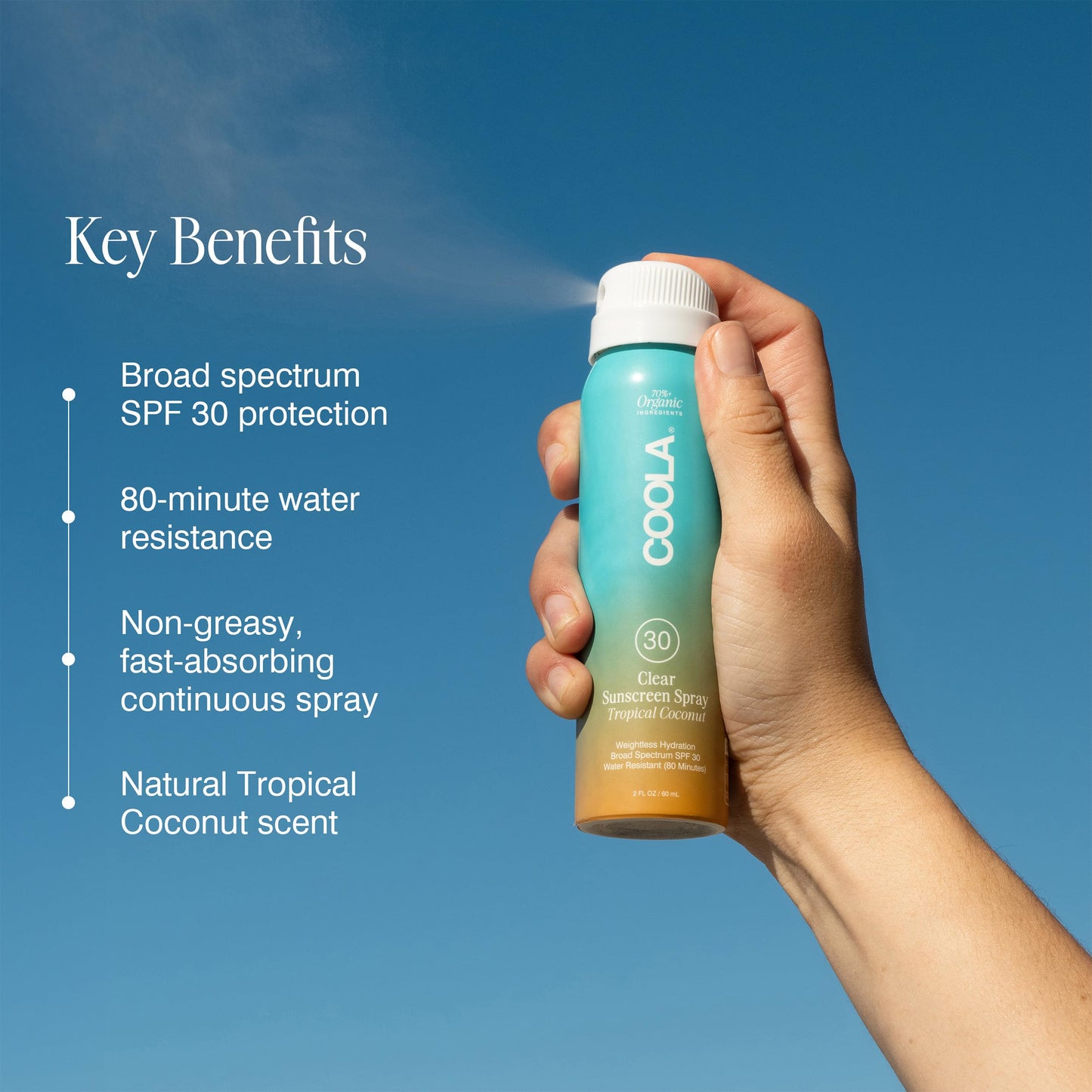COOLA Organic Sunscreen SPF 30 Sunblock Spray, Dermatologist Tested Skin Care for Daily Protection, Vegan and Gluten Free, Tropical Coconut, 2 Fl Oz