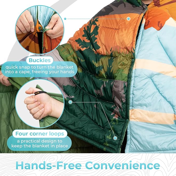 KingCamp Ultralight Camping Blanket, Packable Down Alternative Puffy Printed Wearable Blanket with Snap Buttons & Corner Loops Weatherproof Quilt for Outdoor Travel Stadium (79"L x 57"W, ORANGE/BLUE)