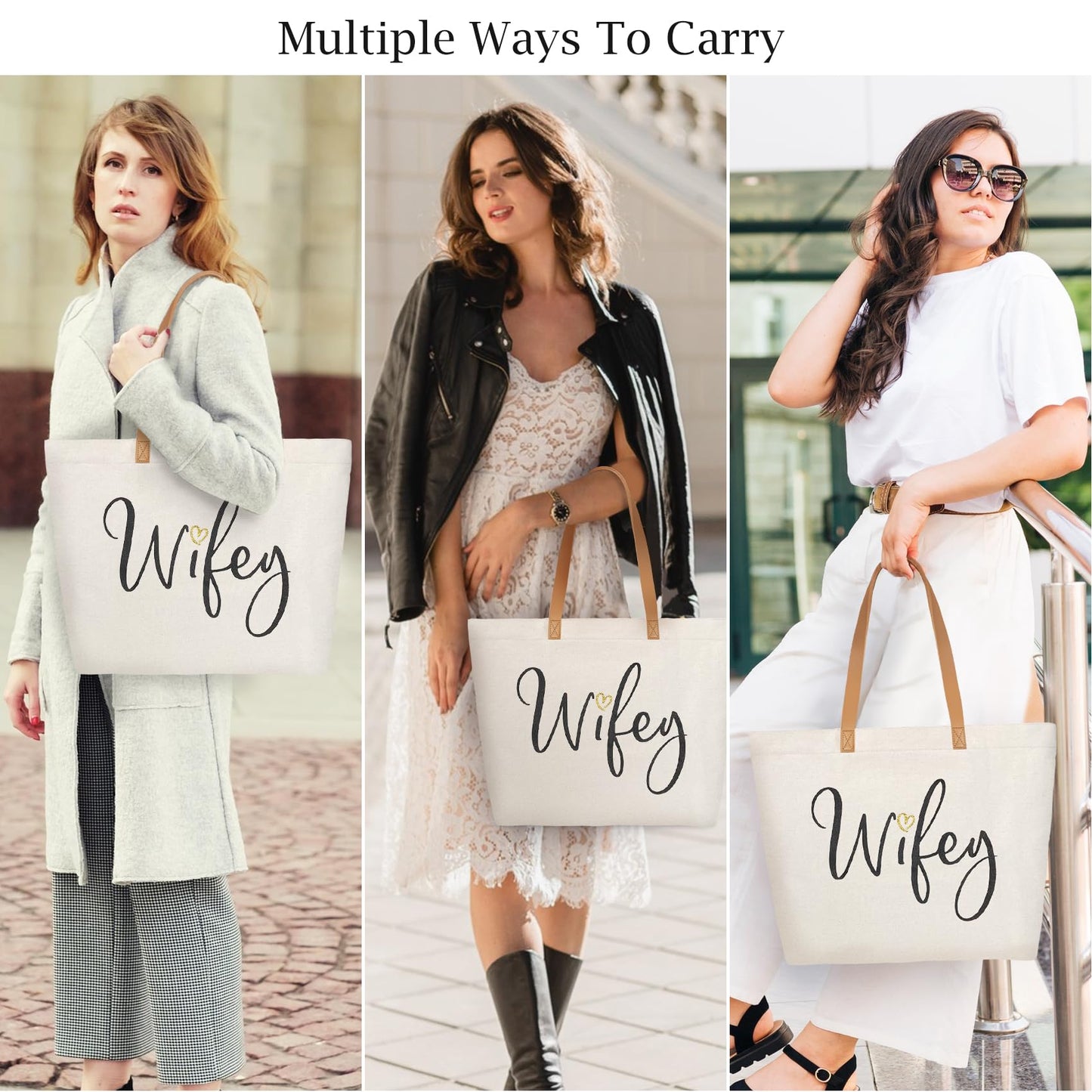 ELEGANTPARK Wifey Bag Wifey Gifts Wedding Gifts for Bride Bridal Shower Bachelorette Party Honeymoon Large Travel Shoulder Bag Canvas Totes with Zipper Set of 2